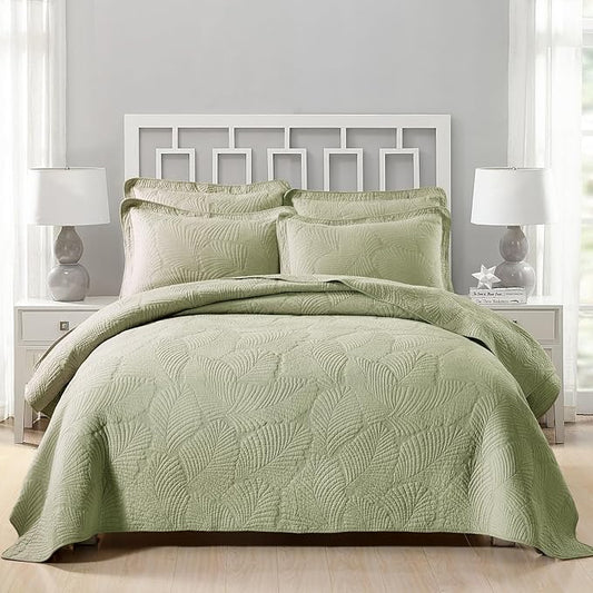 mixinni Green Tropical Palm Tree King Size Quilt Set Soft Cotton Bedspread Coverlet Bed Cover,3-Piece Quilt Set Quilted Bedding Lightweight Coverlet Set -King Size