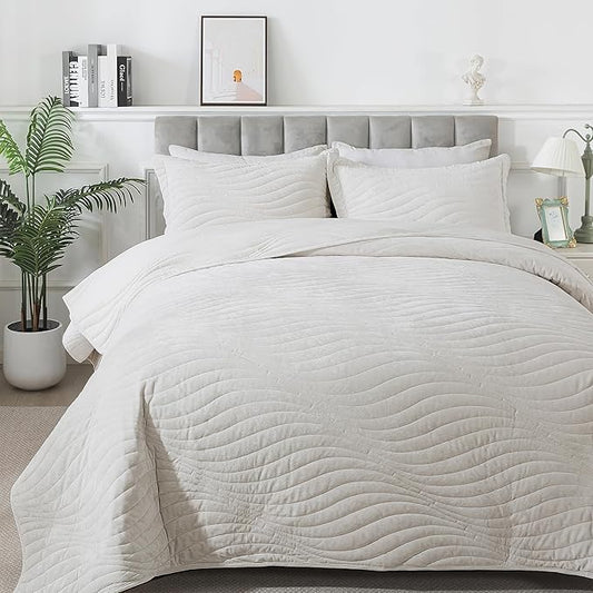 HoneiLife Quilt Set Queen Size - Velvet Quilt Sets 3-Pieces, Stripe Bedspread for Queen Beds, Queen Quilt Bedding Sets All Season Quilts- Nature White