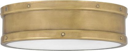 Quoizel Ahoy Round Flush Mount Ceiling Light, 13 Inch Drum Light with Metal Shade, 25 W LED, 1700 Lumens, 4" H x 13" W, Weathered Brass