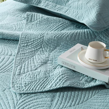 mixinni King Size Blue Plam Leaves Quilt Set Soft Cotton Bedspread Coverlet Set-King Size