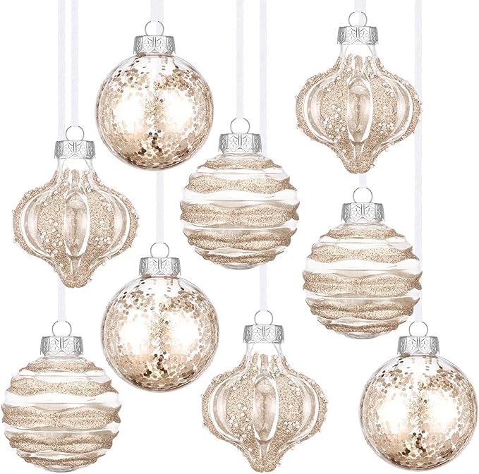 9 Pcs 3.15" Clear Christmas Ball Ornaments Xmas Ball Decorations Set Shatterproof Decorative Hanging Ornaments for Christmas Tree Home Wedding Party Office Decor(Champagne)