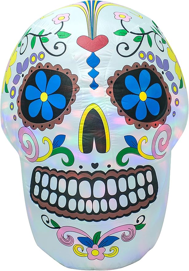 AJY 4 Feet Colorful Skull Halloween Inflatable Skull LED Lights Decor Outdoor Indoor Holiday Decorations Blow up Lighted Yard Decor Lawn Inflatable Home Garden Party Favor Decoration