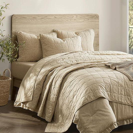 Wonderful Natural Linen Cotton Quilt Set King Size, 100% Cotton Back and Filling, 3 Piece Pre-Washed Beige Bedding Cover, Wavy Box Stitched Bedspread Coverlet Bedding Set All Seasons, 104"x94"