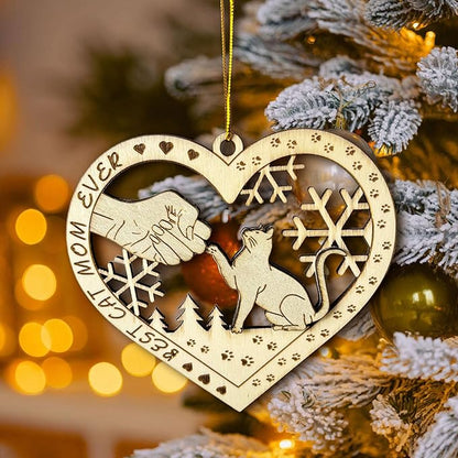 Best Cat Mom Ever - Wooden Heart-Shaped Cat & Mom Fist Bump Christmas Ornament