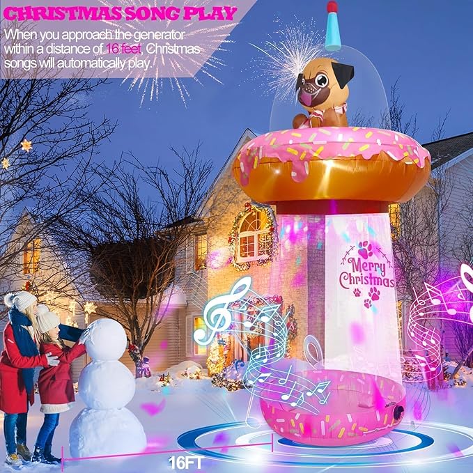 9.5FT Christmas Inflatable with Colorful Light, Kalolary UFO Doughnut Christmas Inflatable with Music, Puppy Xmas Blow Up Yard Decoration Christmas Outdoor Inflatable for Lawn Garden Holiday Party