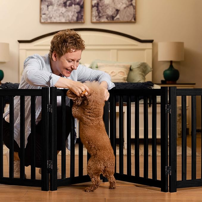 LZRS 4-Panel Wooden Free Standing Foldable Dog Gate – 24" High, Extra Wide Step-Over Safety Pet Gate for Doorways, Stairs, Hallways, Large Spaces & Playpen for Puppies Indoor Use, Black