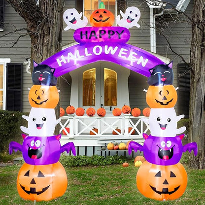 8FT Halloween Stacked Pumpkin Arch Inflatable Decoration Pumpkin Archway Blow up Inflatable Decorationswith LED Lights Indoor Outdoor Yard Garden Holiday Display for Halloween Party
