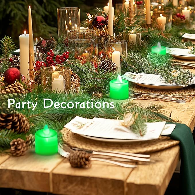LANKER 24 Pack Flameless Led Tea Lights Candles, Flickering Green Battery Operated Electronic Fake Candles, Decorations for Party, Christmas, Halloween and Festival Celebration (Green)