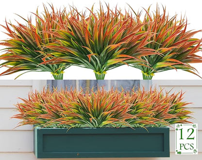 Artificial Fake Grass,12PCS Outdoor Faux Grasses Plastic Plants Greenery UV Resistant for Outside Home Windowbox Garden Office Patio Hanging Planter Front Porch Fall Décor (Red)