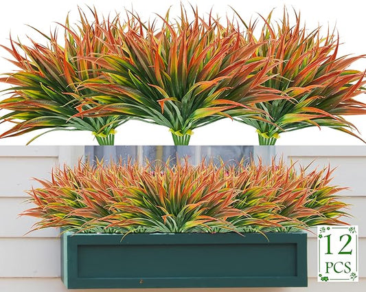 Artificial Fake Grass,12PCS Outdoor Faux Grasses Plastic Plants Greenery UV Resistant for Outside Home Windowbox Garden Office Patio Hanging Planter Front Porch Fall Décor (Red)