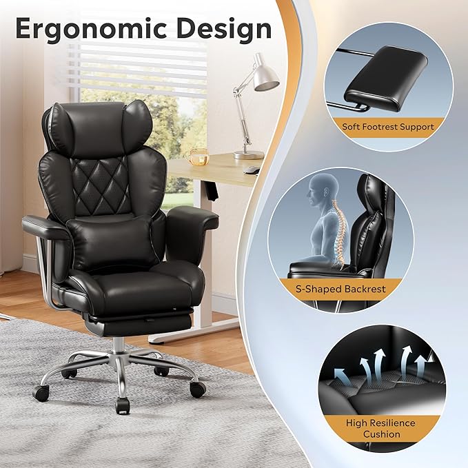 DEVAISE Executive Ergonomic Leather Home Office Chair with Footrest, Comfy Reclining Big and Tall Desk Chair with Lumbar Support, Heavy Duty, SGS Class 4 Gas Lift, Black