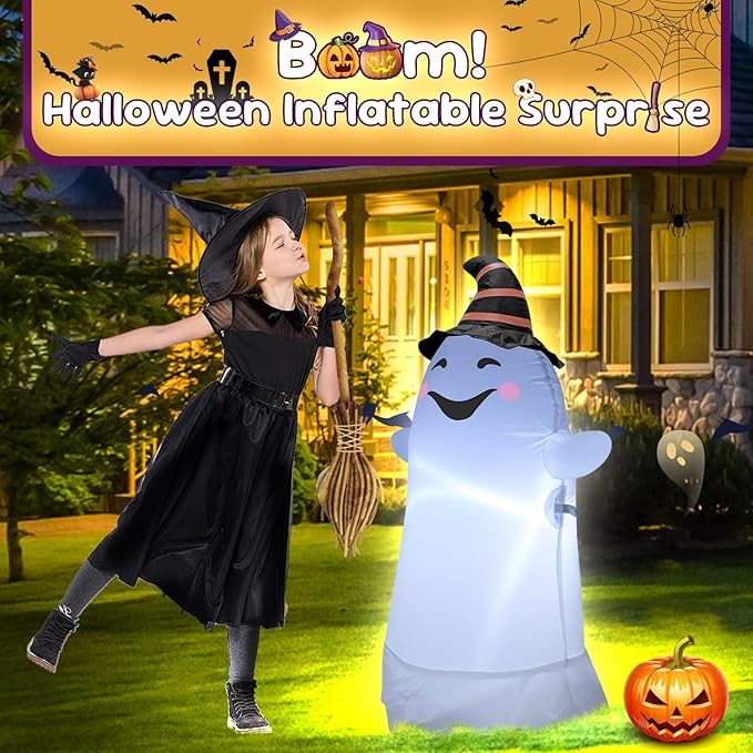 3.5FT Halloween Inflatable Decor with LED Lights Striped Hat Ghost Halloween Blow Up Decorations Indoor Outdoor Yard Garden Party Holiday Decoration