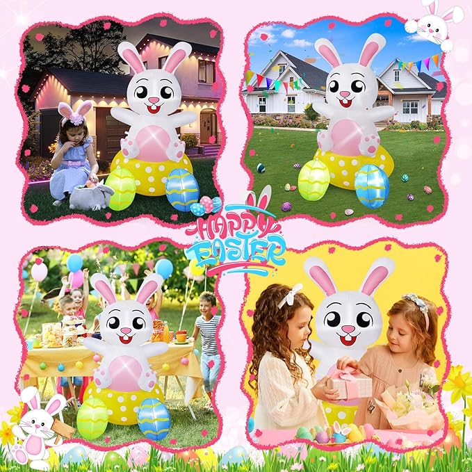 B&D 4FT Easter Inflatables Outdoor Decorations, Blow Up Inflatable Bunny Sits on Colorful Eggs Built-in LED Lights Happy Easter Yard Decorations for Holiday Party Indoor Outdoor Garden Lawn Decor