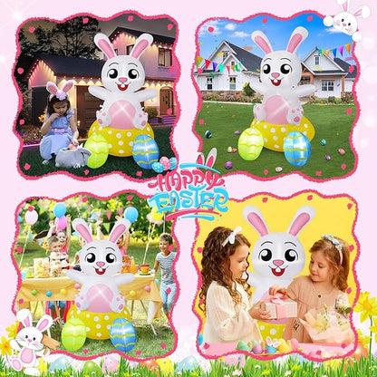 B&D 4FT Easter Inflatables Outdoor Decorations, Blow Up Inflatable Bunny Sits on Colorful Eggs Built-in LED Lights Happy Easter Yard Decorations for Holiday Party Indoor Outdoor Garden Lawn Decor