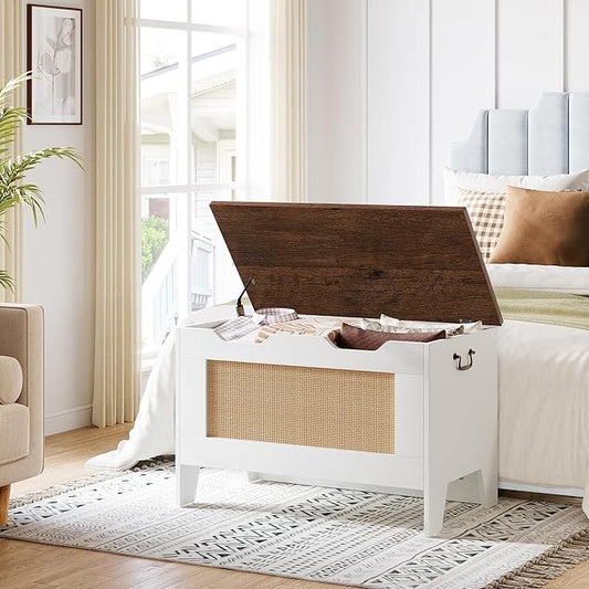 IDEALHOUSE Storage Chest, Rattan Toy Chest for Boys Girls, 30" Kids Wood Large Toy Box, Storage Bench with Safety Hinge,Storage Trunk for Entryway, Living Room, Bedroom, Playroom, White
