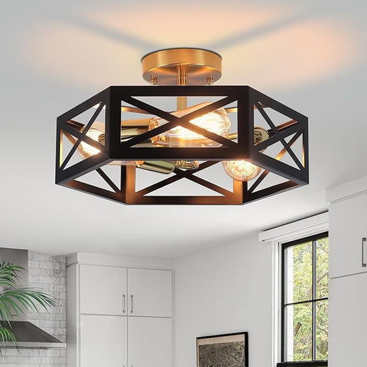 Kitchen Lighting Fixtures Ceiling, Farmhouse Flush Mount Ceiling Light Black and Gold Hallway Light Fixtures with 3 Lights Metal Cage for Hallway Hexagon Shade 14.5 in