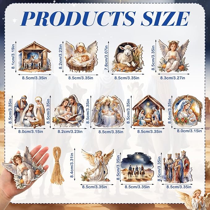 Suzile 36 Pcs Christmas Wooden Ornaments Nativity Ornaments Religious Christmas Decorations for Tree Wreaths Xmas Birth of Jesus Hanging Wood Cutouts Decor for Farmhouse Home Christian Party Favors