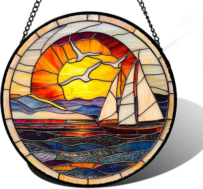 Stained Glass Window Hanging, Sun Ocean Sailboat Seagull Abstract Suncatcher Diamond Glass Panel Sun Catchers Decor for Birthday for Women, Men, Wife, Aunt, and Mom 9.8 in