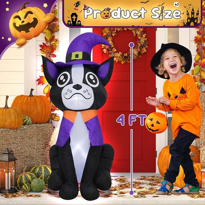 4FT Halloween Inflatable Decor Dog Purple Hat Halloween Blow Up Decoration with LED Lights Indoor Outdoor Yard Graden Party Holiday Decor