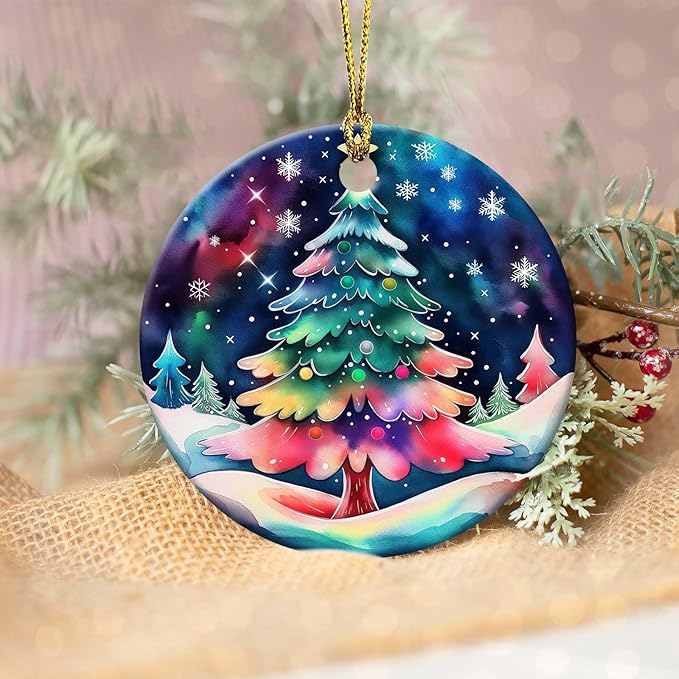 A Colorful Christmas Tree Ornament Round Ceramic Ornament Star Snowflake Xmas Keepsake for Christmas Tree Winter Holiday Xmas Gift for Women Men Xmas Hanging Ornament 3"