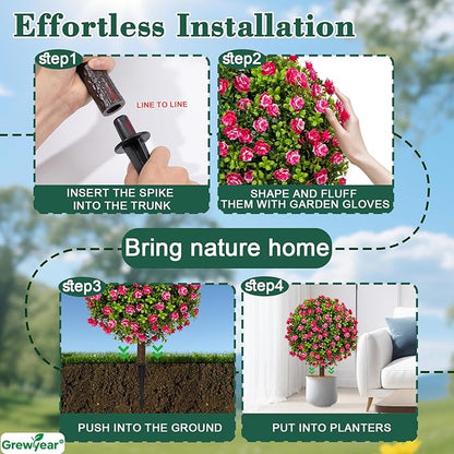 Artificial Topiary Ball with Ground Spike Set of 2, Faux Boxwoods for Outdoor Planters, UV Resistant Artificial Outdoor Plants for Porch, Fake Bushes Round Flower Shrub with Red Rose