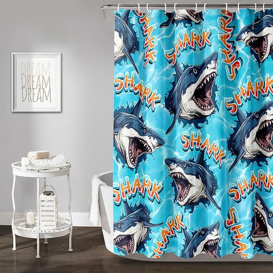 AILONEN Blue Shark Shower Curtain,Scream Shark Bath Curtain Gifts for Kids,Ocean Animal Polyester Waterproof with 12 Plastic Hooks, 72" W*78" H Blue