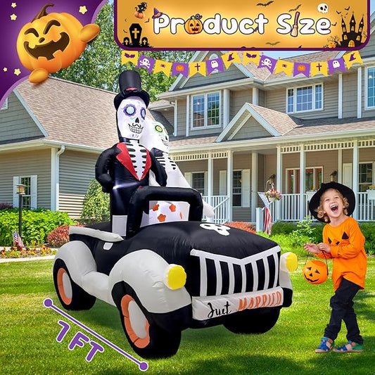 7FT Halloween Inflatable Ghost Couple Driving Halloween Decorations Spooky Blow Up Decor with LED Lights Indoor Outdoor Yard Garden Party Holiday Decorations