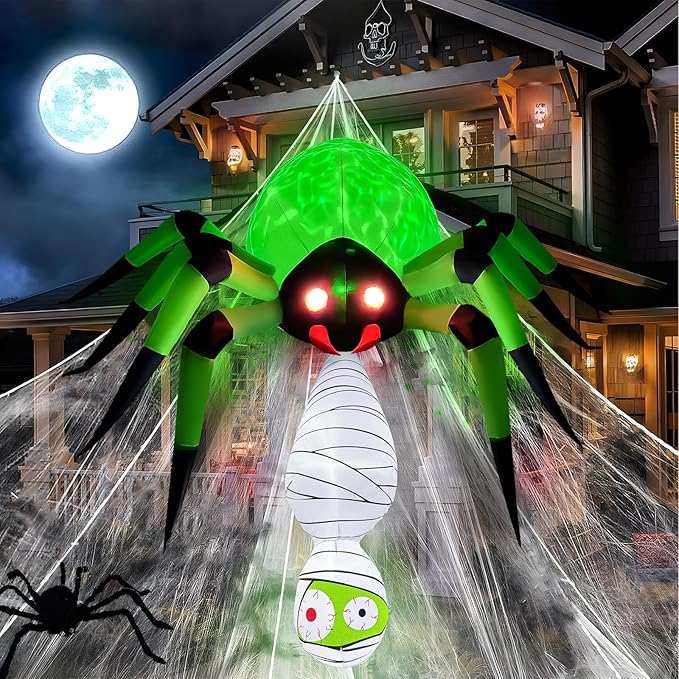 7FT Halloween Inflatables Spider Outdoor Decorations, Large Halloween Blow Up Yard Decorations with Mummy and Green LED Light, Scary Inflatable Decor for Eaves Cobweb Window Yard Lawn