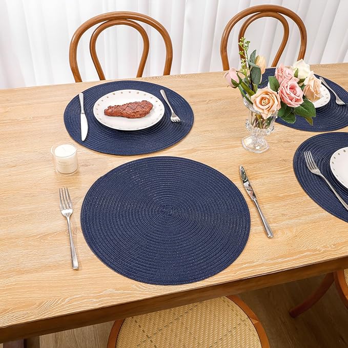 SHACOS Round Placemats Set of 4 Washable 15 inch Round Table Mats Cotton Polyester Woven Braided Place Mats for Dining Table, Navy