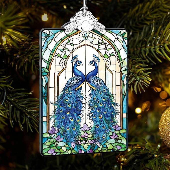 Peacock Stained Glass 2025 Christmas Ornament, Elegant Bird Hanging Decoration for Christmas Tree, Gift Exchange or Stocking Stuffer, 3.8 x 2.4 Inch