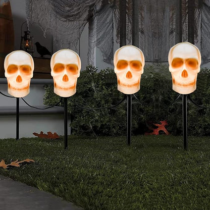 Halloween Skull Pathway Lights, 4 Pack 3D Skeleton Lights with Stakes, Outdoor Connectable C7 Skull Lights for Yard, Garden, Patio, Halloween Party Decor, Black Wire