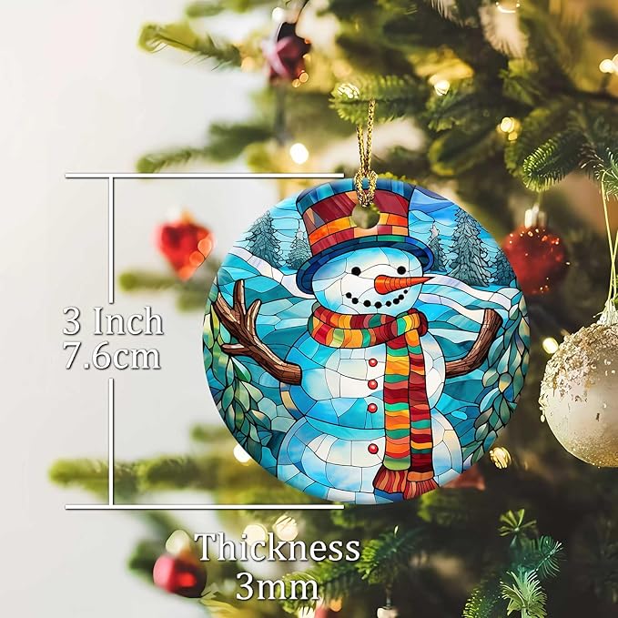 Snowman Ornament Round Ceramic Stained Glass Style Ornament Xmas Keepsake for Christmas Tree Winter Holiday Xmas Gift for Women Men Xmas Hanging Ornament 3"