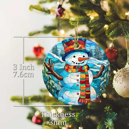 Snowman Ornament Round Ceramic Stained Glass Style Ornament Xmas Keepsake for Christmas Tree Winter Holiday Xmas Gift for Women Men Xmas Hanging Ornament 3"