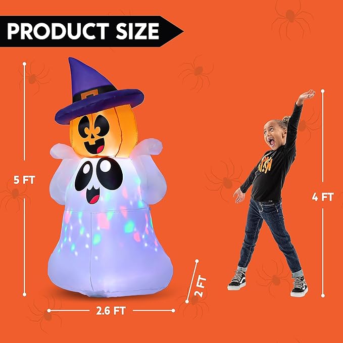 Joiedomi 5 FT Tall Halloween Inflatable Outdoor Decor, Blow Up Yard Decoration Ghost with Colorful LEDs, Inflatable Ghost with Pumpkin Witch Hat for Halloween Outdoor Decoration