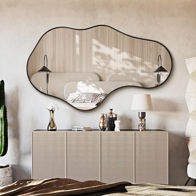 Irregular Wall Mirror - Wall Mirrors Decorative 24"x 40" Asymmetrical Abstract Mirror Aviation Aluminum Alloy Frame Unique for Bathroom, Bedroom, Living Room, Cloakroom, Entryway Black