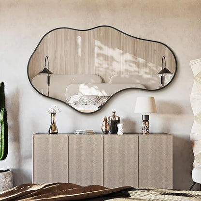 Irregular Wall Mirror - Wall Mirrors Decorative 24"x 40" Asymmetrical Abstract Mirror Aviation Aluminum Alloy Frame Unique for Bathroom, Bedroom, Living Room, Cloakroom, Entryway Black