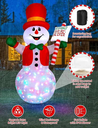 8ft Christmas Inflatable Outdoor Decoration Snowman, Gentleman Snowman Holding Sign Welcoming Guest, Built-in Rotating Disco Light, Blow Up Outside Decor for Xmas Holiday Lawn Yard Garden