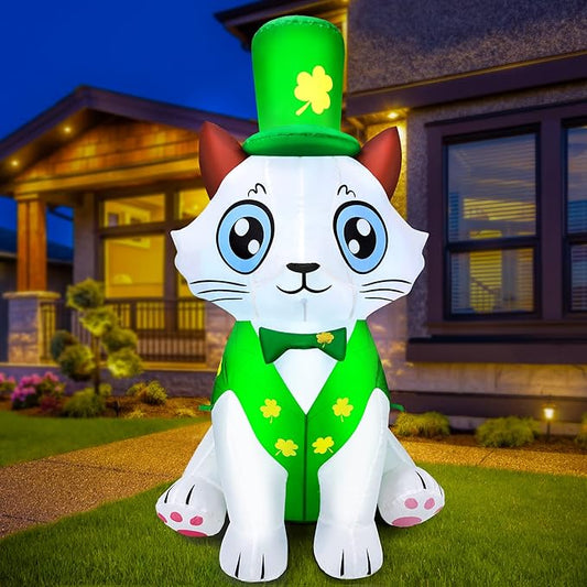 5Ft St. Patrick's Day Inflatable Outdoor Decoration Blow Up Cute Cat Wearing Lucky Shamrocks Hat with LED Lights St Patricks Day Decorations Yard Garden Lawn Home Party Indoor