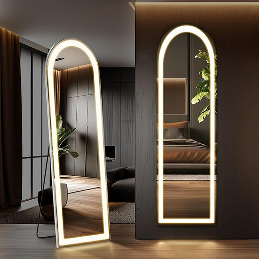 Sweetcrispy Full Length Mirror with LED Lights, 60"x16" Lighted Floor Mirror with Dimming & 3 Color Lighting, Stand for Bedroom, Dressing Room, Arched