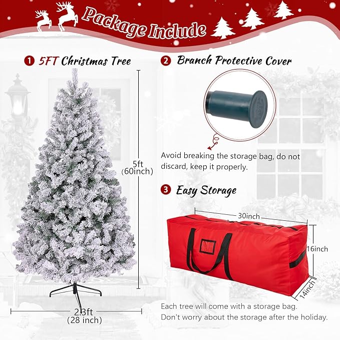 5ft Flocked Artificial Christmas Tree, Arbol de Navidad with 600 Branch Tips, Fake Christmas Tree, Premium Spruce Xmas Tree with Fold-Able Metal Base Stand