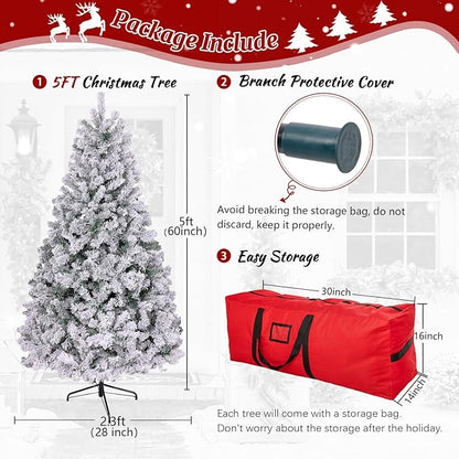 5ft Flocked Artificial Christmas Tree, Arbol de Navidad with 600 Branch Tips, Fake Christmas Tree, Premium Spruce Xmas Tree with Fold-Able Metal Base Stand