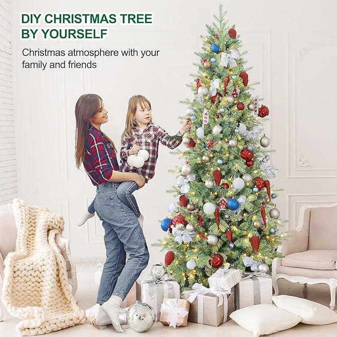 7 FT Pre-lit Artificial Skinny Christmas Tree,Blue Spruce Slim Christmas Tree with 1552 PE&PVC Mixed Branch Tips and 400 UL Listed Clear Lights,Hinged Xmas Tree with Metal Stand for Home Office Décor