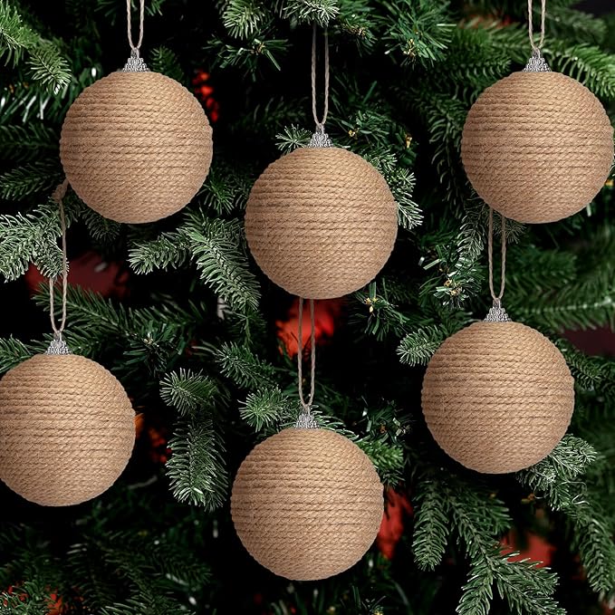 Syhood 6pcs Christmas Ball Ornaments Boho Farmhouse Jute Rope Hanging Xmas Balls Burlap Neutral Rustic Ornaments for Xmas Tree Holiday Wreath Garland (3.15 Inches,Linen)
