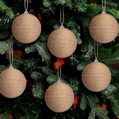Syhood 6pcs Christmas Ball Ornaments Boho Farmhouse Jute Rope Hanging Xmas Balls Burlap Neutral Rustic Ornaments for Xmas Tree Holiday Wreath Garland (3.15 Inches,Linen)