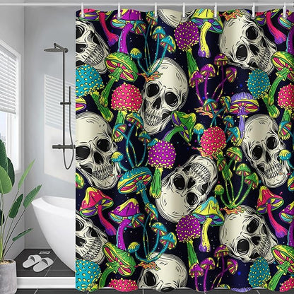 AILONEN Skull Shower Curtain for Bathroom,Mushroom Skull Bath Curtain Decoration,Fantasy Fungus Skeleton Print Waterproof Black Curtain with 12 Plastic Hooks, 72" W*72" H