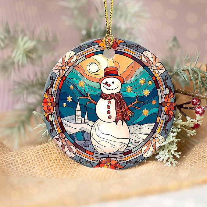 Snowman Ornaments Round Ceramic Stained Glass Style Ornament Christmas Keepsake Decor for Christmas Tree Winter Holiday Xmas Gift for Women Men Hanging Ornament 3"