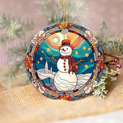 Snowman Ornaments Round Ceramic Stained Glass Style Ornament Christmas Keepsake Decor for Christmas Tree Winter Holiday Xmas Gift for Women Men Hanging Ornament 3"