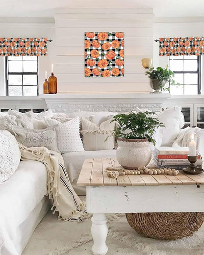 Fall Kitchen Curtains Valances for Windows Thanksgiving Halloween Pumpkins Rod Pocket Window Treatment for Kitchen /Living Room/Bedroom/ Bathroom,60" X 18"-1 Panel, Farmhouse Black White Buffalo Plaid