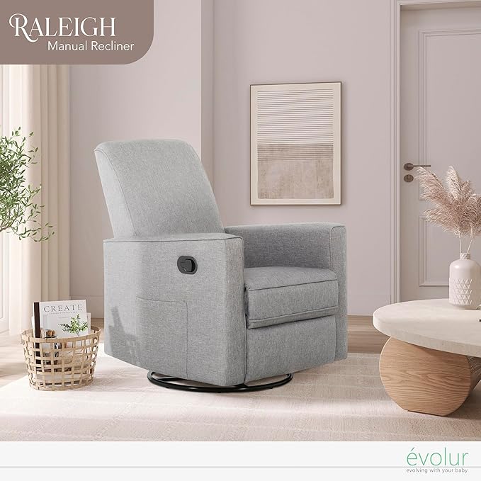 Evolur Raleigh Upholstered Plush Seating Glider Swivel, Rocker, Recliner, Glider for Nursery in Light Grey, Greenguard Gold Certified, Modern Nursery Recliner, Environmentally Conscious Glider