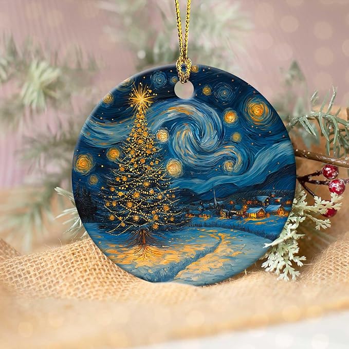 Starry Night Christmas Tree Ornaments Round Ceramic Ornament Christmas Keepsake Decor for Xmas Tree Winter Holiday Xmas Gift for Women Men Hanging Ornament 3"